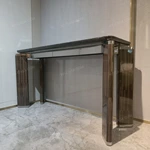 Dark Marble Console Table with Checkered Wood Legs and Polished Metal Frame